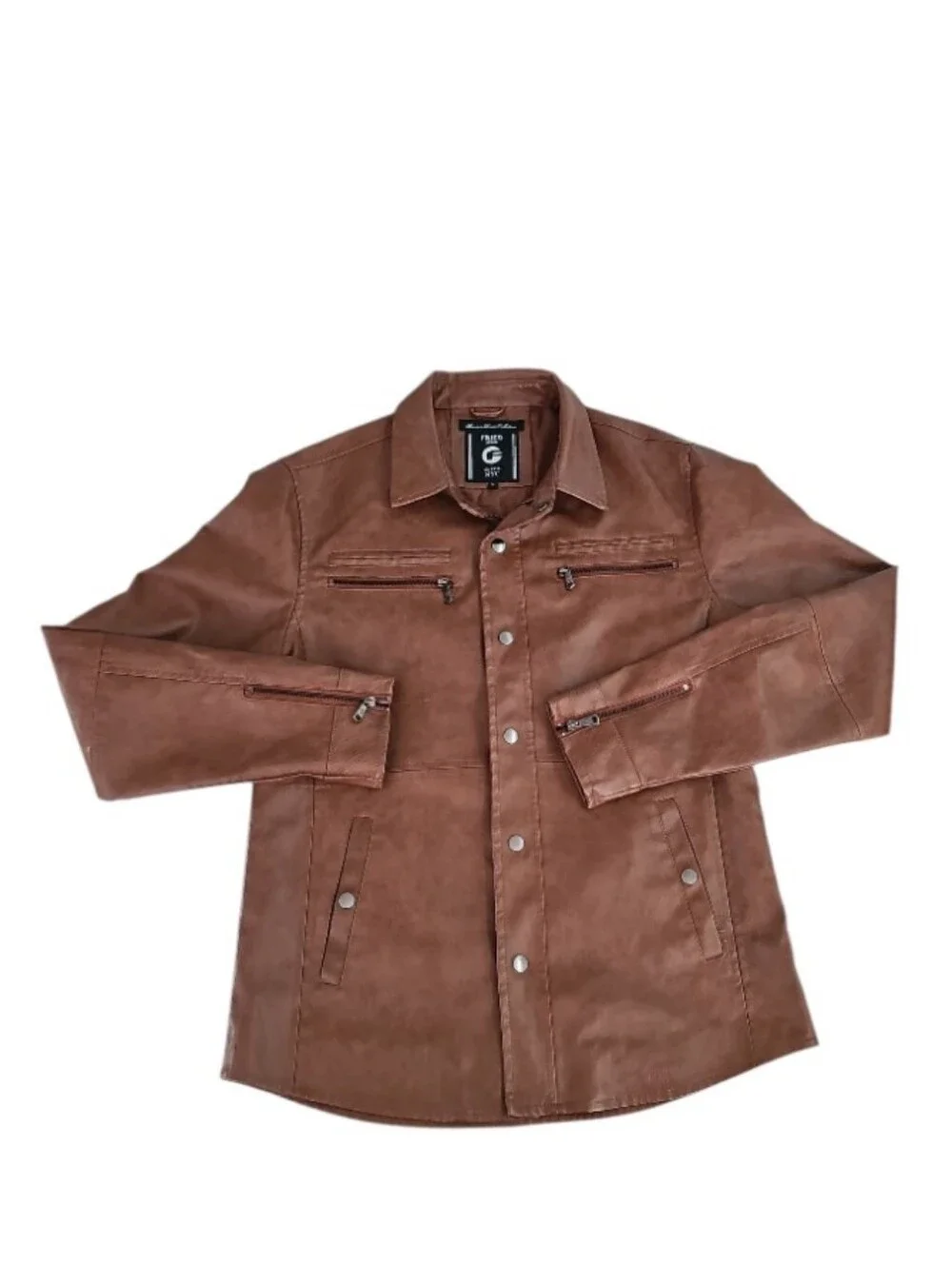 Fried Denim Faux Leather Jacket Men’s L Brown Moto Trucker Shirt Jacket Soft